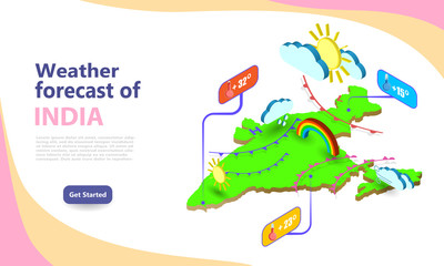 Wall Mural - weather forecast map of india. isometric set icons location on country. vector widgets layout of a m