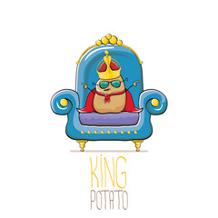 vector funny cartoon cute brown smiling king potato with golden royal crown and red mantle or cape sitting on blue throne isolated on white background. vegetable funky food drawn character