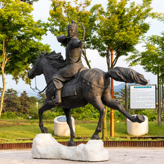 Monument of King Gyeongdeok sitting on his horse and fighting with the bow. Geumseong-myeon, Uiseong County, South Korea, Asia.