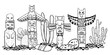 Native American traditional totem poles and catuses. Vector outline Hand drawn doodle sketch illustration. Group of four carved wooden figures