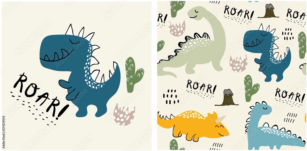 set of cute dinosaur print and seamless pattern with dinosaurs. vector illustration - obrazy, fototapety, plakaty 