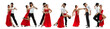 Elegance Latino dancers on white studio background. Beautiful and sensual couple dancing latina's dance or tango in bright clothing, full of motion, passion and action. Collage made of 2 models.