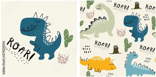 Photo set of cute dinosaur print and seamless pattern with dinosaurs