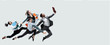 Happy office workers jumping and dancing in casual clothes or suit with folders isolated on studio background. Business, start-up, working open-space, motion and action concept. Creative collage.