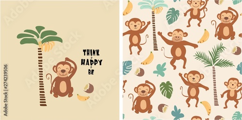 Fotografía set of monkey print and seamless pattern with monkeys.vector