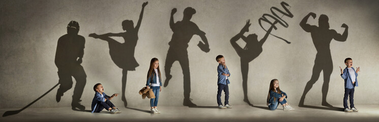 childhood and dream about big and famous future. conceptual image with boy and girl and shadows of f