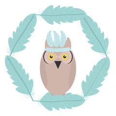 Poster - owl bird with feathers hat frame bohemian style