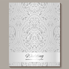 Wedding invitation card with silver shiny eastern and baroque rich foliage. Intricate Ornate islamic background for your design. Islam, Arabic, Indian, Dubai.