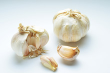 Organic Garlic Whole And Cloves On The White Background