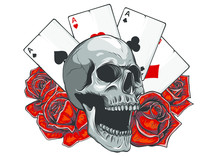 Skulls With Playing Cards. Set Of Vector Illustrations.