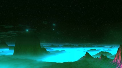Wall Mural - UFO Dance Over Alien Planet. Dark cliffs and hills stand among thick blue-green mist. Bright luminous objects (UFO) quickly fly through the dark starry sky. Their flight is like a dance.