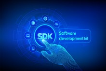 SDK. Software Development Kit Programming Language Technology Concept On Virtual Screen. Technology Concept. Robotic Hand Touching Digital Interface. Vector Illustration.