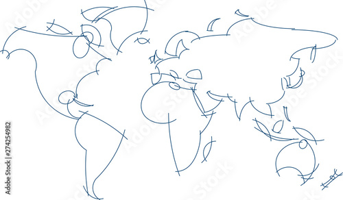 Antique world map only made by curved lines.