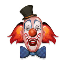 Circus Clown Face/ Illustration Of A Design Circus Clown Head, With Hat, Red Nose, Makeup And Funny Hairs
