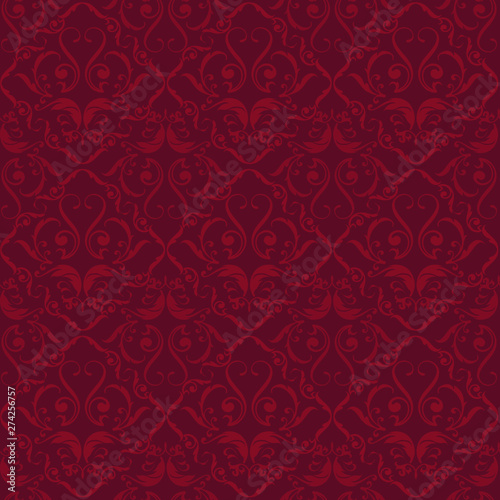 Red velvet flourish ornated seamless background. Plain style.