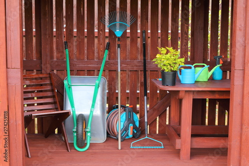 Cuadros en Lienzo Decorative shrub along with garden equipment and tools in a wooden shed