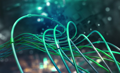 Leinwandbilder - Digital technologies of future. Transmission and storage of data in global cyberspace. Encrypted data stream over fiber optic cable. 3D illustration of abstract space architecture