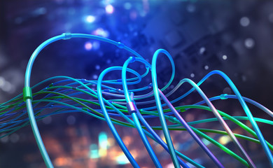Fototapete - Digital technologies of future. Transmission and storage of data in global cyberspace. Encrypted data stream over fiber optic cable. 3D illustration of abstract space architecture