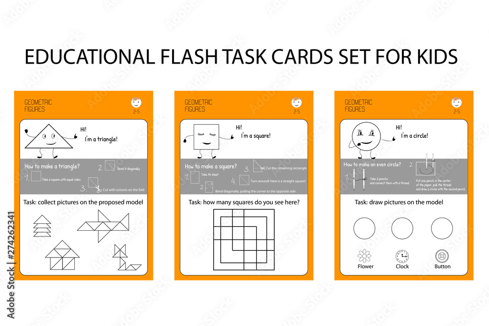 Circle, square, triangle. Educational cards for study of geometric shapes. game of drawing, math, modeling for preschoolers. For kindergartens and children's centers