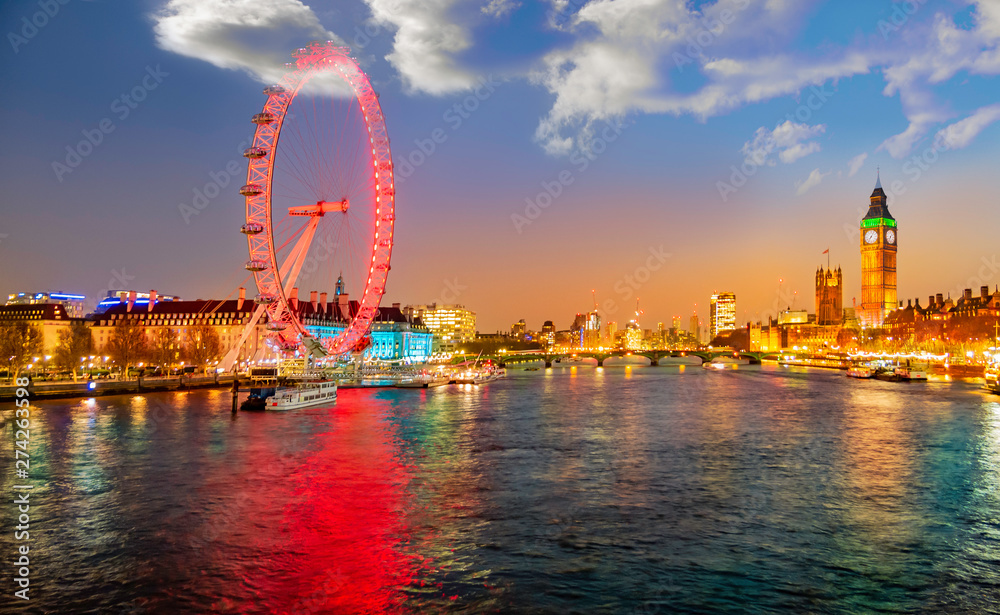 Urban skyline of London with the famous landmarks among the river Thames, London Eye, Big Ben and the house of Parliament in England - obrazy, fototapety, plakaty 