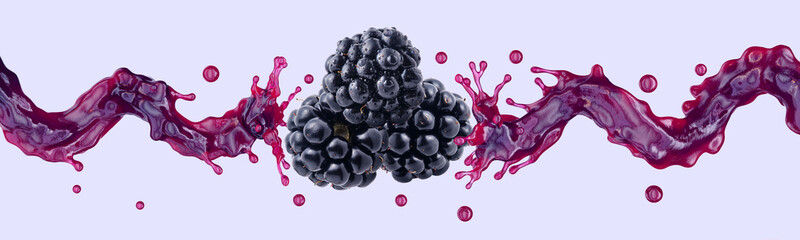 Wall Mural - Fresh blackberry juice, smoothie or jam splash 3D swirls with juicy blackberries. Tasty berry juice splashing, blackberry juice isolated. Liquid healthy food or detox drink fruit design