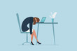 © Azat Valeev - Professional burnout syndrome. Exhausted sick tired female manager in office sad boring sitting with head down on laptop. Vector long work day illustration