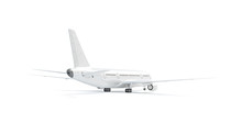 Blank White Airplane Mockup Stand, Backside View Isolated, 3d Rendering. Clear Aerobus Tailplane Mock Up Template. Empty Aeroplane Model With Empennage. Clean Aircraft Fin Mock-up.