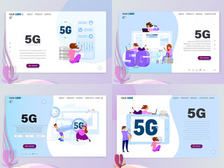 Wall Mural - 5G connected concept set with characters, landing page template, flat style.