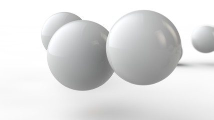 Poster - 3D illustration of large and small white balls, spheres, geometric shapes isolated on a white background. Abstract, futuristic image of objects of perfect shape. 3D rendering