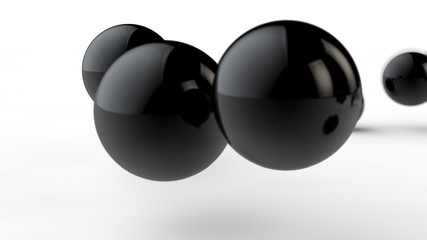 Poster - 3D illustration of large and small black balls, spheres, geometric shapes isolated on a white background. Abstract, futuristic, cropped image of perfectly shaped objects. 3D rendering