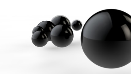 Poster - 3D illustration of large and small black balls, spheres, geometric shapes isolated on a white background. Abstract, futuristic, cropped image of perfectly shaped objects. 3D rendering