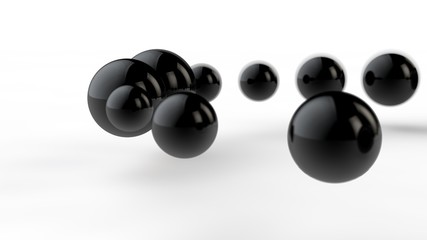 Poster - 3D illustration of large and small black balls, spheres, geometric shapes isolated on a white background. Abstract, futuristic, the image of objects of ideal form. 3D rendering of the idea of order