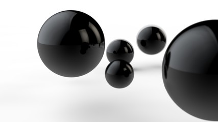 Poster - 3D illustration of large and small black balls, spheres, geometric shapes isolated on a white background. Abstract, futuristic, cropped image of perfectly shaped objects. 3D rendering
