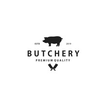 Pig, Pork. Vintage, Retro For Butchery, Typography Pork, Pig Silhouette Logo Design