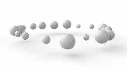 Poster - 3D illustration of many small white balls, spheres arranged in a ring above the white surface receiving shadows. 3D rendering of abstract background, futuristic design, perfect geometric bodies.
