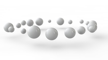 Poster - 3d illustration of many small white balls, spheres arranged in a ring above the white surface receiv