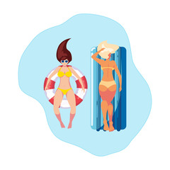 Sticker - girls with swimsuit in lifeguard and mattress floats in water