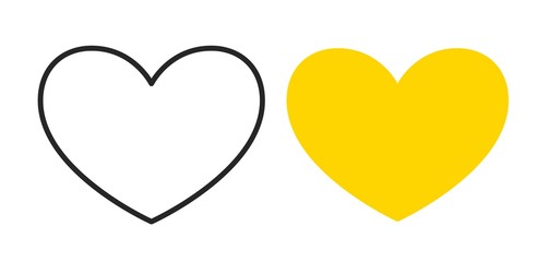 Poster - Hearts in the shape of contour and yellow color. Sign, icon, symbol of favorites. Vector hearts isolated on white background.
