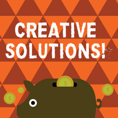 Fototapete - Word writing text Creative Solutions. Business photo showcasing mental process of creating unique solutions to problem Colorful Piggy Money Bank and Coins with Dollar Currency Sign in the Slit