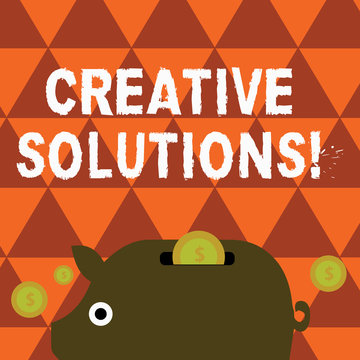 Word writing text Creative Solutions. Business photo showcasing mental process of creating unique solutions to problem Colorful Piggy Money Bank and Coins with Dollar Currency Sign in the Slit
