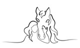 Fototapeta Konie - One line drawing. Horse and woman heads logo