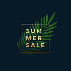 Wall Mural - Tropical Summer Sale Banner. Fern Palm Leaf In a Golden frame with Modern Typography. Abstract Vector Special Offer Sign, Symbol or Elegant Card Design. Dark Blue Background