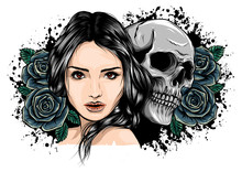 Girl With Skeleton Make Up Hand Drawn Vector Sketch. Santa Muerte Woman Witch Portrait Stock Illustration Day Of The Dead Face Art