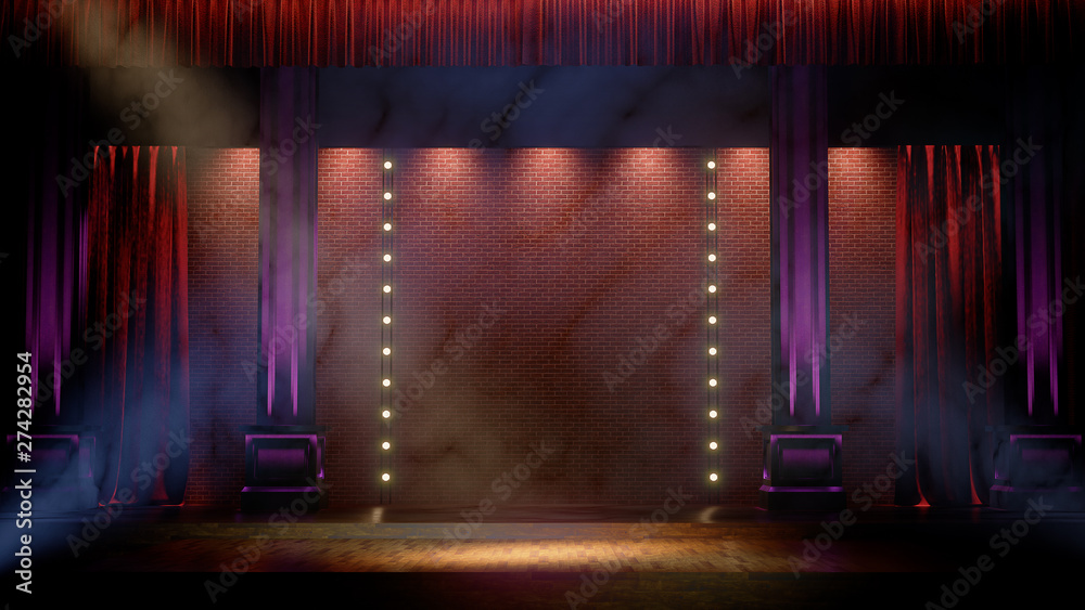 Dark empty stage with spot lights. Comedy, Standup, cabaret, night club stage 3d render - obrazy, fototapety, plakaty 