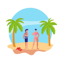 Wall Mural - young boy with woman on the beach summer scene