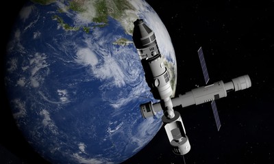 Wall Mural - Space Station Orbiting Earth. 3D Illustration.