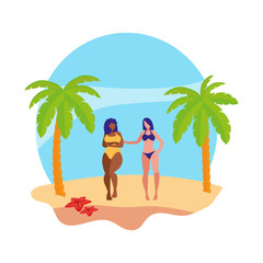 Sticker - young interracial girls couple on the beach summer scene