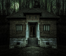 Old Creepy Haunted House With Dark Horror Atmosphere And Scary Details. Ancient Abandoned Mansion With Fool Moon And Black Cat In Frightening Scene Like In Horror Movies