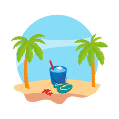 Wall Mural - summer beach with palms and water bucket scene