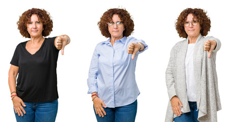 Wall Mural - Collage of middle age senior woman over white isolated background looking unhappy and angry showing rejection and negative with thumbs down gesture. Bad expression.